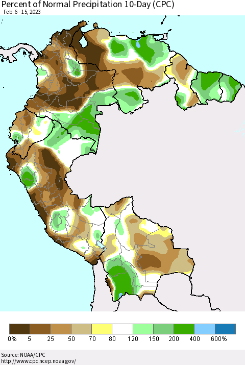 Northern South America Percent of Normal Precipitation 10-Day (CPC) Thematic Map For 2/6/2023 - 2/15/2023