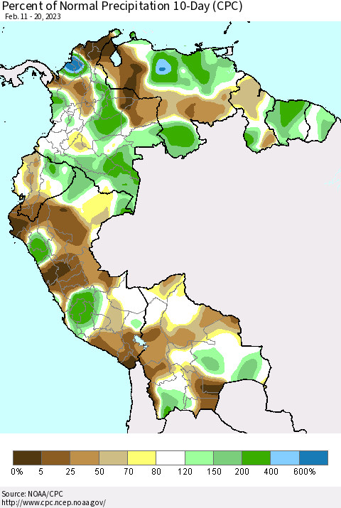 Northern South America Percent of Normal Precipitation 10-Day (CPC) Thematic Map For 2/11/2023 - 2/20/2023