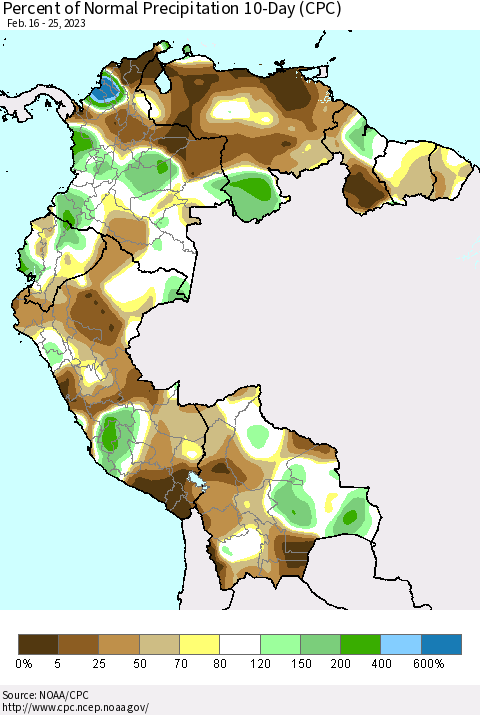 Northern South America Percent of Normal Precipitation 10-Day (CPC) Thematic Map For 2/16/2023 - 2/25/2023