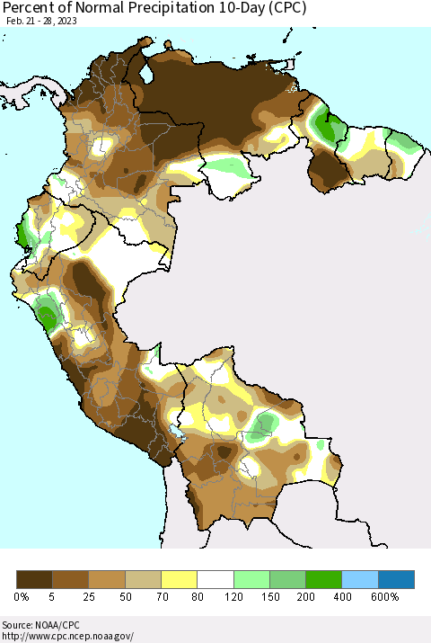 Northern South America Percent of Normal Precipitation 10-Day (CPC) Thematic Map For 2/21/2023 - 2/28/2023
