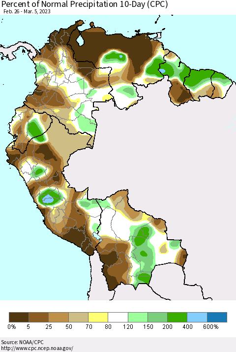 Northern South America Percent of Normal Precipitation 10-Day (CPC) Thematic Map For 2/26/2023 - 3/5/2023
