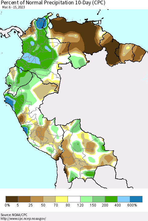Northern South America Percent of Normal Precipitation 10-Day (CPC) Thematic Map For 3/6/2023 - 3/15/2023