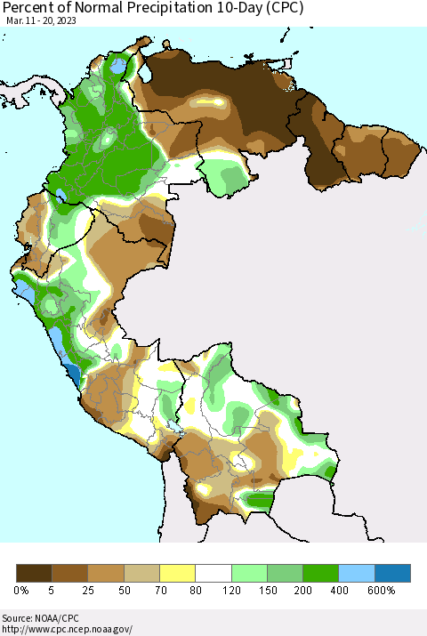Northern South America Percent of Normal Precipitation 10-Day (CPC) Thematic Map For 3/11/2023 - 3/20/2023