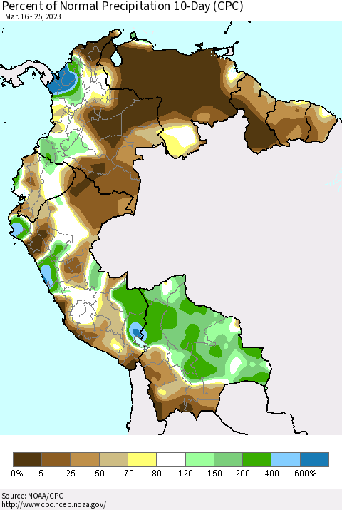 Northern South America Percent of Normal Precipitation 10-Day (CPC) Thematic Map For 3/16/2023 - 3/25/2023