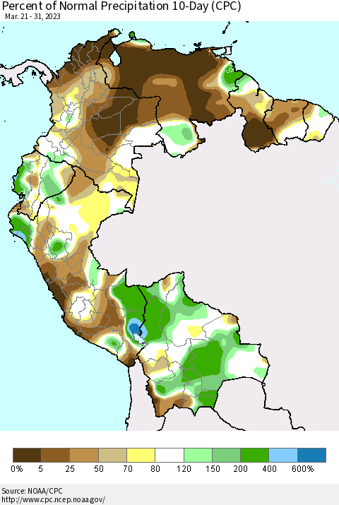 Northern South America Percent of Normal Precipitation 10-Day (CPC) Thematic Map For 3/21/2023 - 3/31/2023