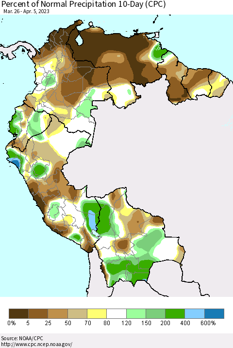 Northern South America Percent of Normal Precipitation 10-Day (CPC) Thematic Map For 3/26/2023 - 4/5/2023