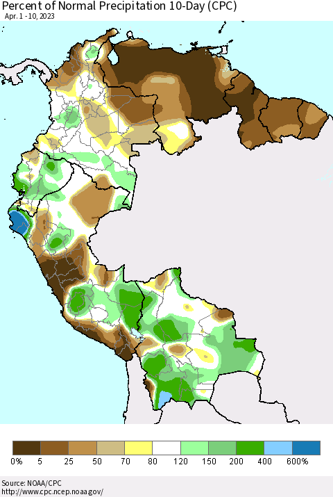 Northern South America Percent of Normal Precipitation 10-Day (CPC) Thematic Map For 4/1/2023 - 4/10/2023