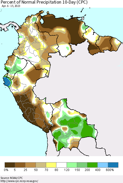 Northern South America Percent of Normal Precipitation 10-Day (CPC) Thematic Map For 4/6/2023 - 4/15/2023