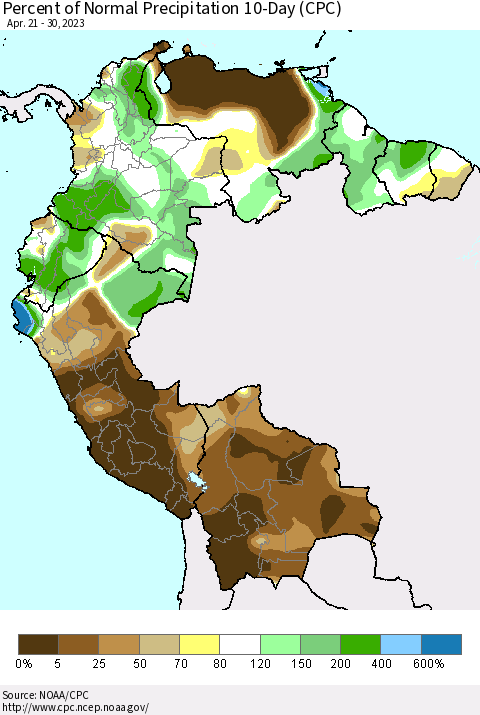 Northern South America Percent of Normal Precipitation 10-Day (CPC) Thematic Map For 4/21/2023 - 4/30/2023