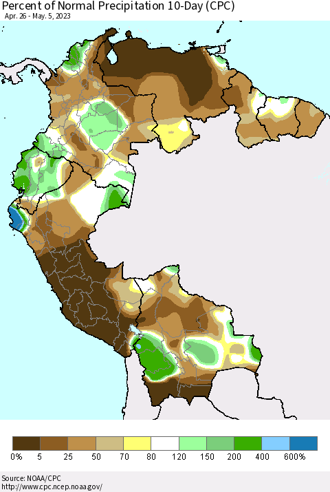 Northern South America Percent of Normal Precipitation 10-Day (CPC) Thematic Map For 4/26/2023 - 5/5/2023