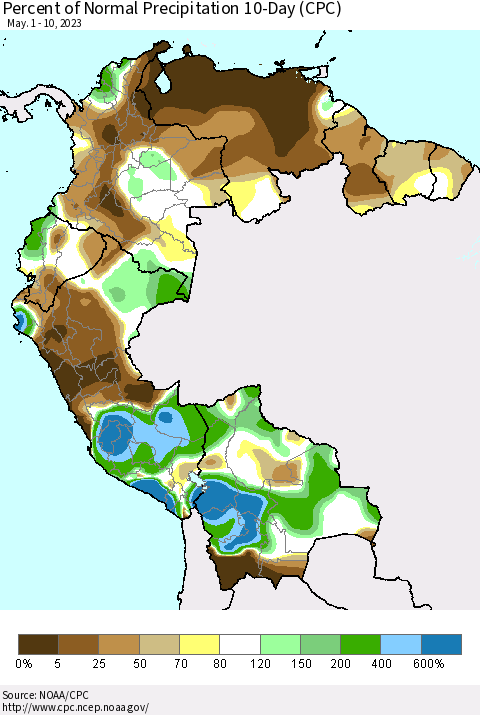 Northern South America Percent of Normal Precipitation 10-Day (CPC) Thematic Map For 5/1/2023 - 5/10/2023