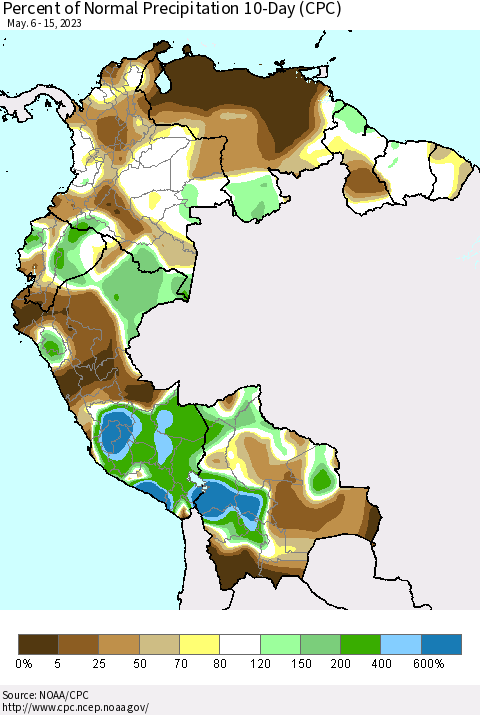Northern South America Percent of Normal Precipitation 10-Day (CPC) Thematic Map For 5/6/2023 - 5/15/2023