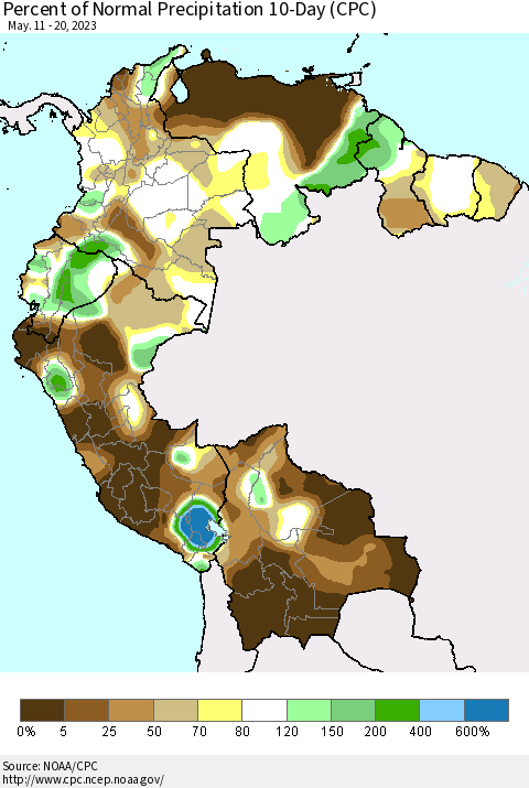 Northern South America Percent of Normal Precipitation 10-Day (CPC) Thematic Map For 5/11/2023 - 5/20/2023