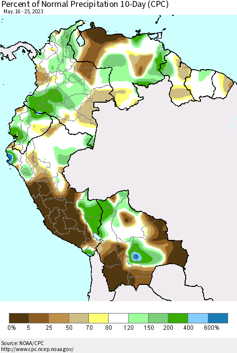 Northern South America Percent of Normal Precipitation 10-Day (CPC) Thematic Map For 5/16/2023 - 5/25/2023