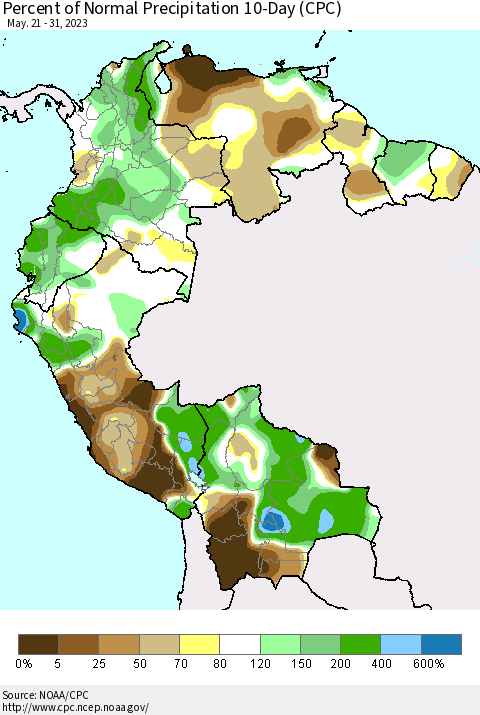 Northern South America Percent of Normal Precipitation 10-Day (CPC) Thematic Map For 5/21/2023 - 5/31/2023