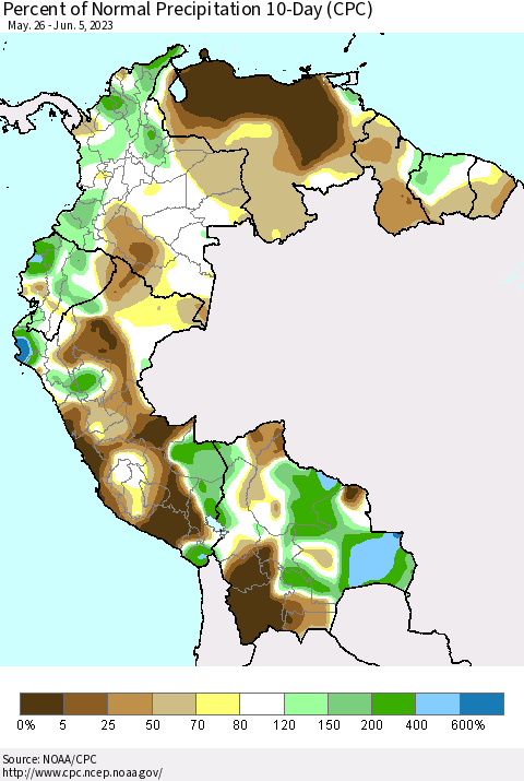 Northern South America Percent of Normal Precipitation 10-Day (CPC) Thematic Map For 5/26/2023 - 6/5/2023