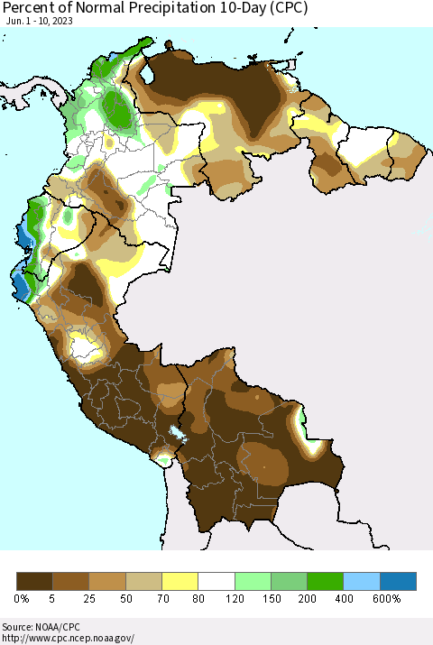 Northern South America Percent of Normal Precipitation 10-Day (CPC) Thematic Map For 6/1/2023 - 6/10/2023