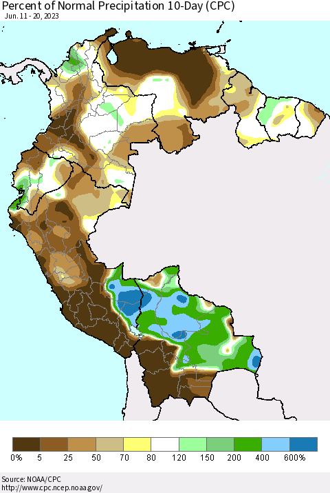 Northern South America Percent of Normal Precipitation 10-Day (CPC) Thematic Map For 6/11/2023 - 6/20/2023