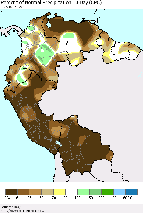 Northern South America Percent of Normal Precipitation 10-Day (CPC) Thematic Map For 6/16/2023 - 6/25/2023