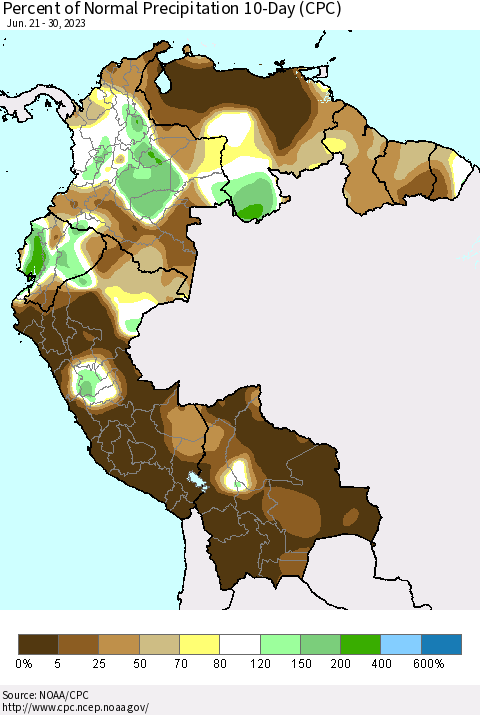 Northern South America Percent of Normal Precipitation 10-Day (CPC) Thematic Map For 6/21/2023 - 6/30/2023