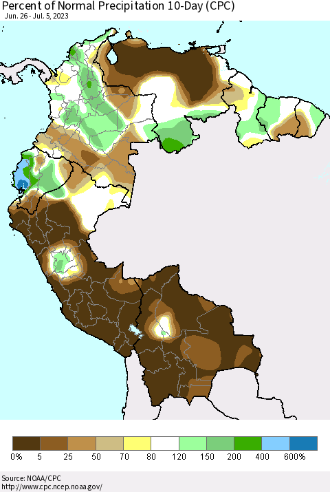 Northern South America Percent of Normal Precipitation 10-Day (CPC) Thematic Map For 6/26/2023 - 7/5/2023