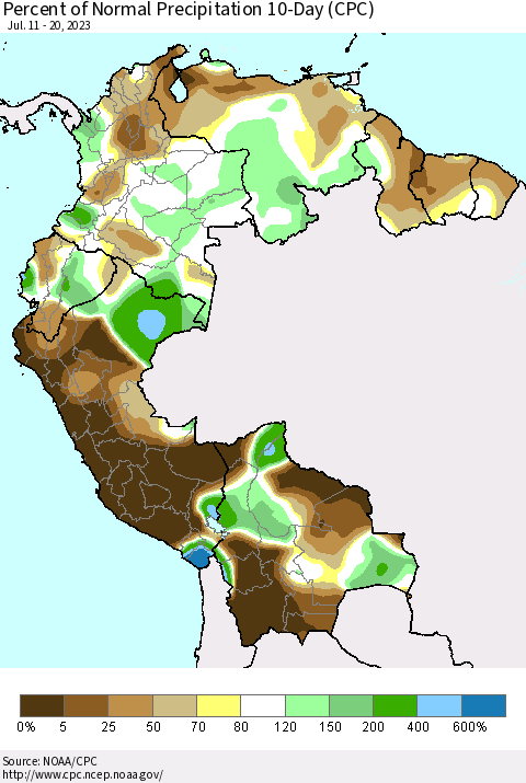 Northern South America Percent of Normal Precipitation 10-Day (CPC) Thematic Map For 7/11/2023 - 7/20/2023