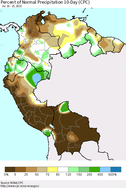 Northern South America Percent of Normal Precipitation 10-Day (CPC) Thematic Map For 7/16/2023 - 7/25/2023
