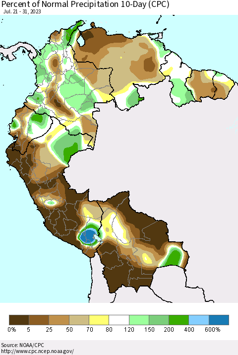 Northern South America Percent of Normal Precipitation 10-Day (CPC) Thematic Map For 7/21/2023 - 7/31/2023