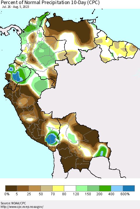 Northern South America Percent of Normal Precipitation 10-Day (CPC) Thematic Map For 7/26/2023 - 8/5/2023