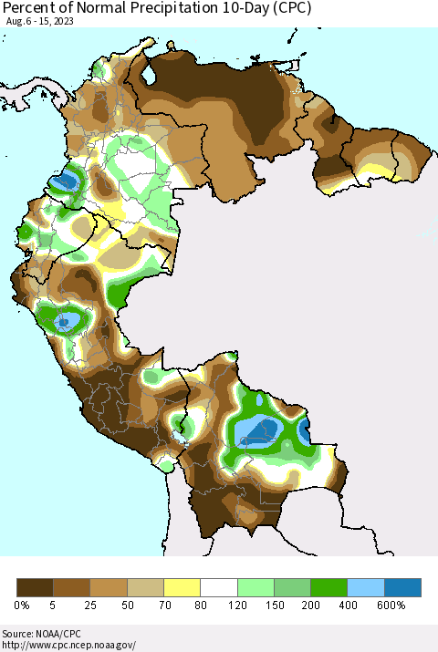 Northern South America Percent of Normal Precipitation 10-Day (CPC) Thematic Map For 8/6/2023 - 8/15/2023