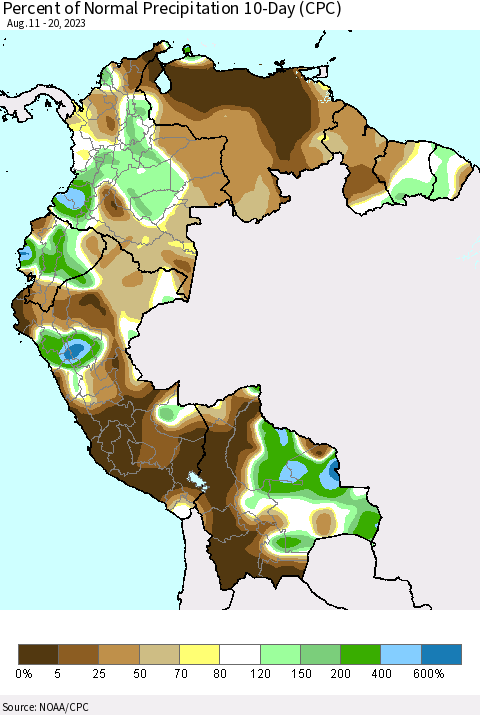 Northern South America Percent of Normal Precipitation 10-Day (CPC) Thematic Map For 8/11/2023 - 8/20/2023