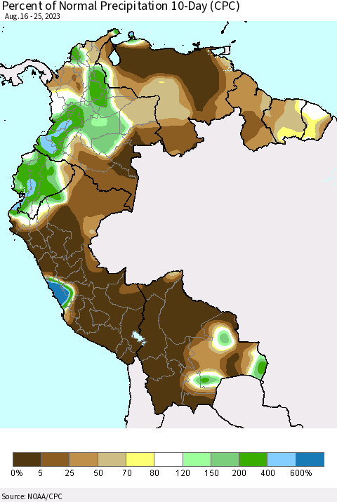 Northern South America Percent of Normal Precipitation 10-Day (CPC) Thematic Map For 8/16/2023 - 8/25/2023
