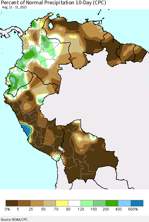 Northern South America Percent of Normal Precipitation 10-Day (CPC) Thematic Map For 8/21/2023 - 8/31/2023