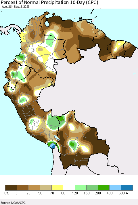 Northern South America Percent of Normal Precipitation 10-Day (CPC) Thematic Map For 8/26/2023 - 9/5/2023