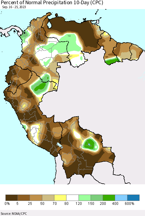 Northern South America Percent of Normal Precipitation 10-Day (CPC) Thematic Map For 9/16/2023 - 9/25/2023