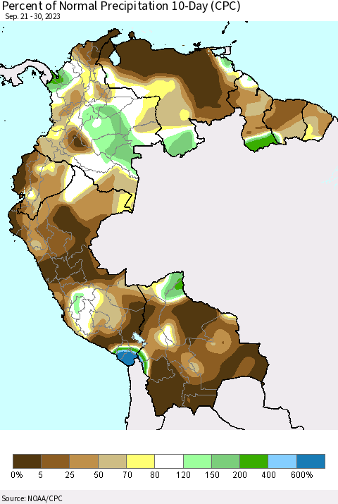 Northern South America Percent of Normal Precipitation 10-Day (CPC) Thematic Map For 9/21/2023 - 9/30/2023
