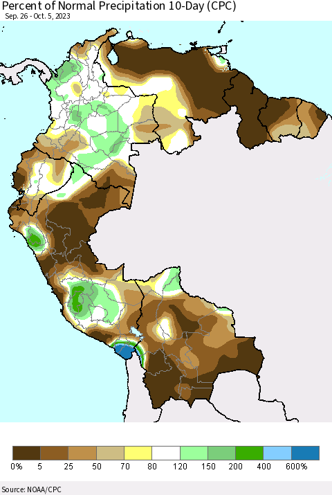 Northern South America Percent of Normal Precipitation 10-Day (CPC) Thematic Map For 9/26/2023 - 10/5/2023