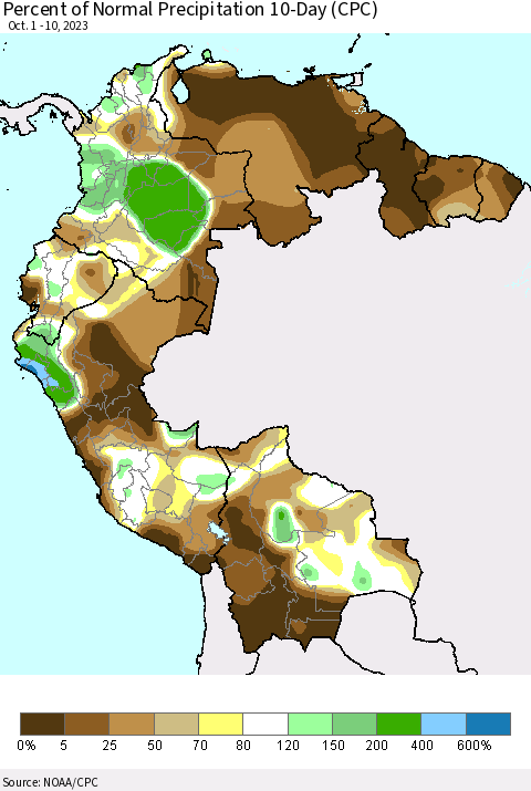 Northern South America Percent of Normal Precipitation 10-Day (CPC) Thematic Map For 10/1/2023 - 10/10/2023