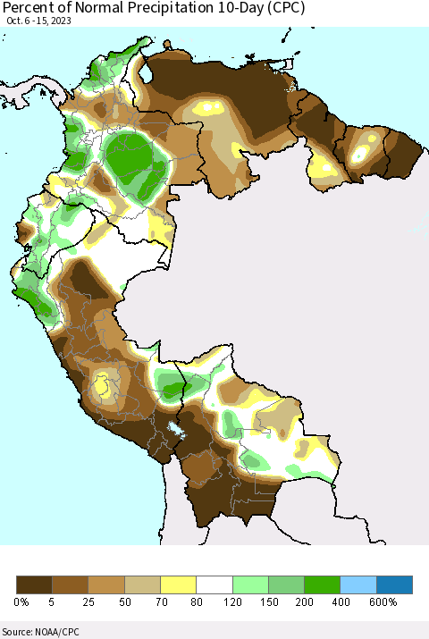 Northern South America Percent of Normal Precipitation 10-Day (CPC) Thematic Map For 10/6/2023 - 10/15/2023