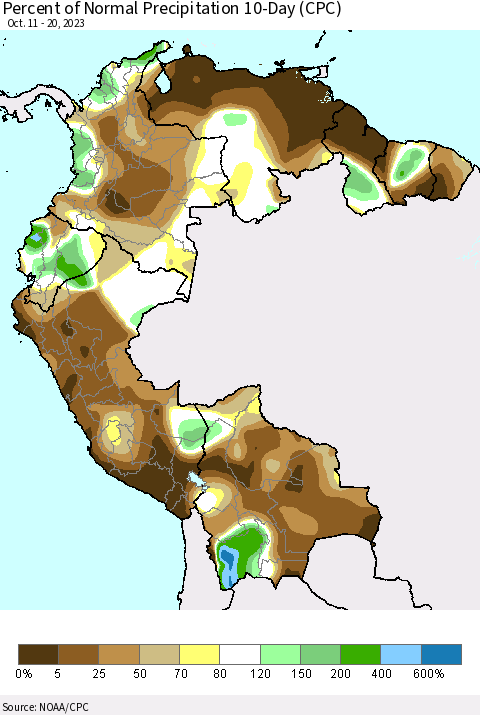Northern South America Percent of Normal Precipitation 10-Day (CPC) Thematic Map For 10/11/2023 - 10/20/2023
