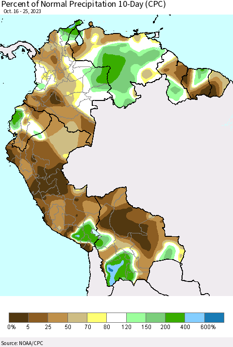 Northern South America Percent of Normal Precipitation 10-Day (CPC) Thematic Map For 10/16/2023 - 10/25/2023