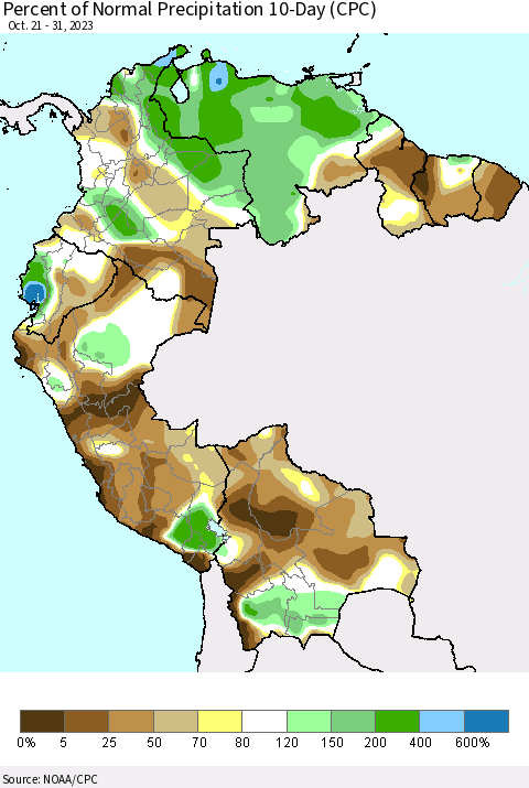 Northern South America Percent of Normal Precipitation 10-Day (CPC) Thematic Map For 10/21/2023 - 10/31/2023