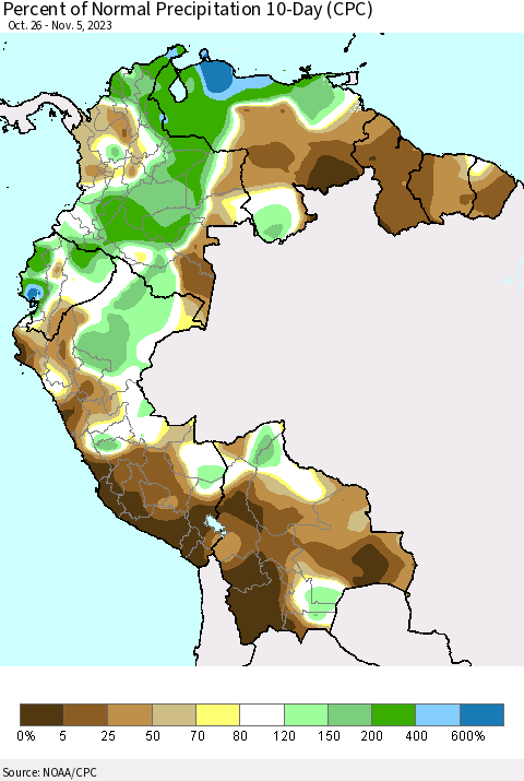 Northern South America Percent of Normal Precipitation 10-Day (CPC) Thematic Map For 10/26/2023 - 11/5/2023