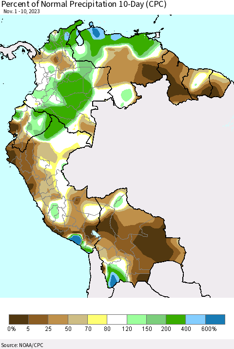 Northern South America Percent of Normal Precipitation 10-Day (CPC) Thematic Map For 11/1/2023 - 11/10/2023