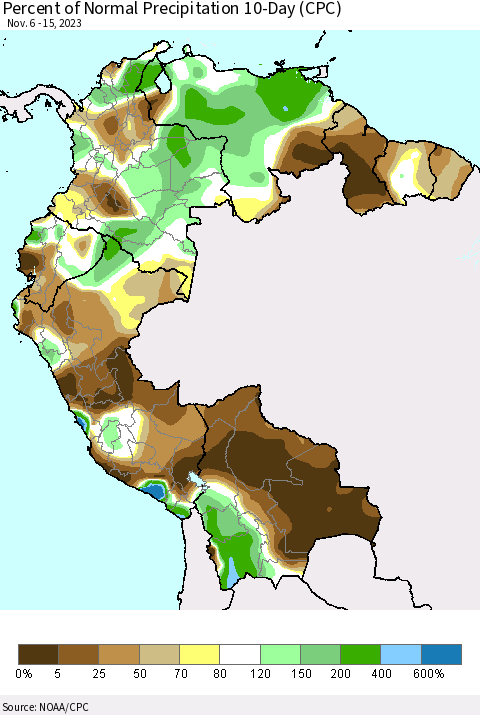 Northern South America Percent of Normal Precipitation 10-Day (CPC) Thematic Map For 11/6/2023 - 11/15/2023