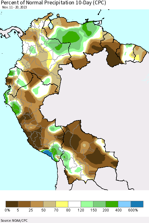 Northern South America Percent of Normal Precipitation 10-Day (CPC) Thematic Map For 11/11/2023 - 11/20/2023