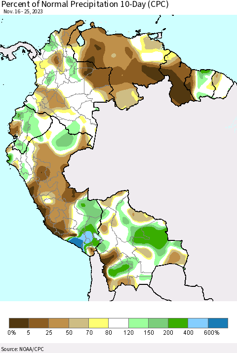Northern South America Percent of Normal Precipitation 10-Day (CPC) Thematic Map For 11/16/2023 - 11/25/2023
