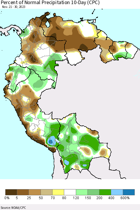 Northern South America Percent of Normal Precipitation 10-Day (CPC) Thematic Map For 11/21/2023 - 11/30/2023