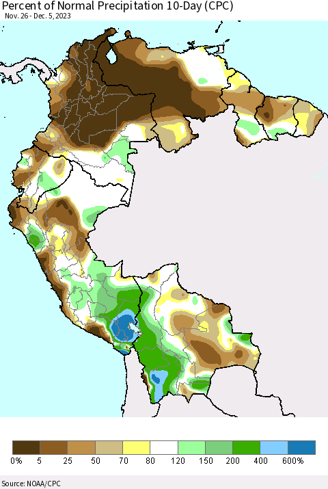 Northern South America Percent of Normal Precipitation 10-Day (CPC) Thematic Map For 11/26/2023 - 12/5/2023