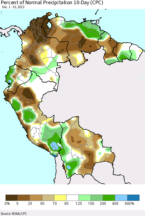 Northern South America Percent of Normal Precipitation 10-Day (CPC) Thematic Map For 12/1/2023 - 12/10/2023